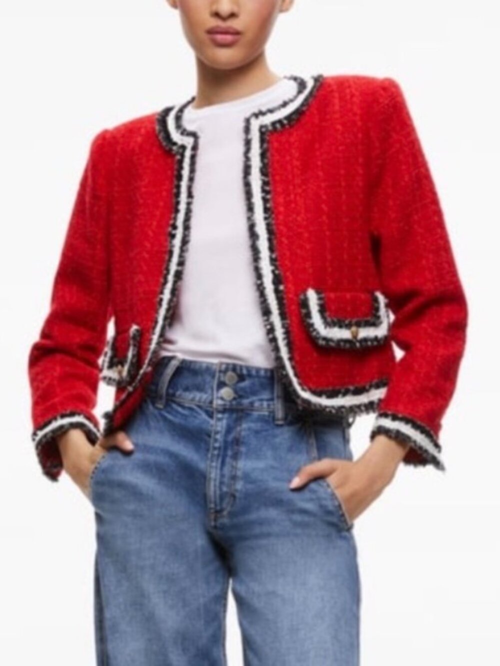 NWOT Alice + Olivia Red Tweed Landon Cropped Jacket/Bazer. Size L